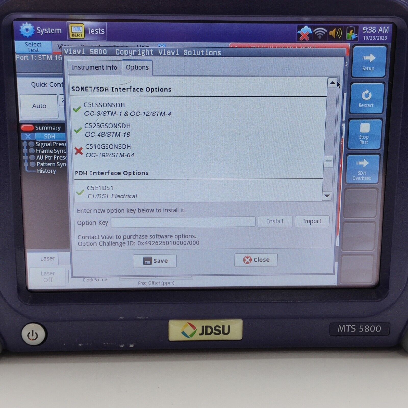 JDSU MTS-5800 w/ 5801P SDH SONET PDH E1/DS1/DS3/STS-1/E3/E4/STM-1e Electrical