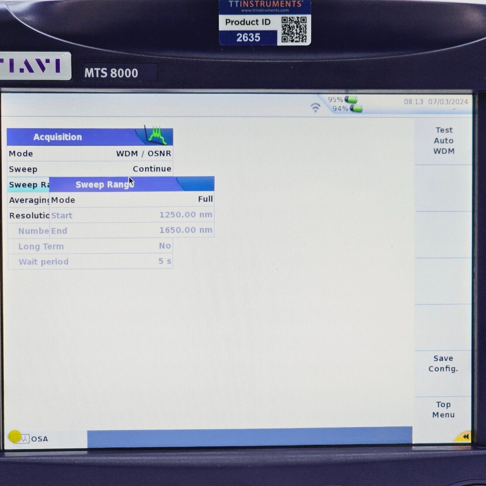 JDSU Viavi MTS 8000E V2 w/ OSA-501M 2281/91.23 High Performance DWDM 1250-1650