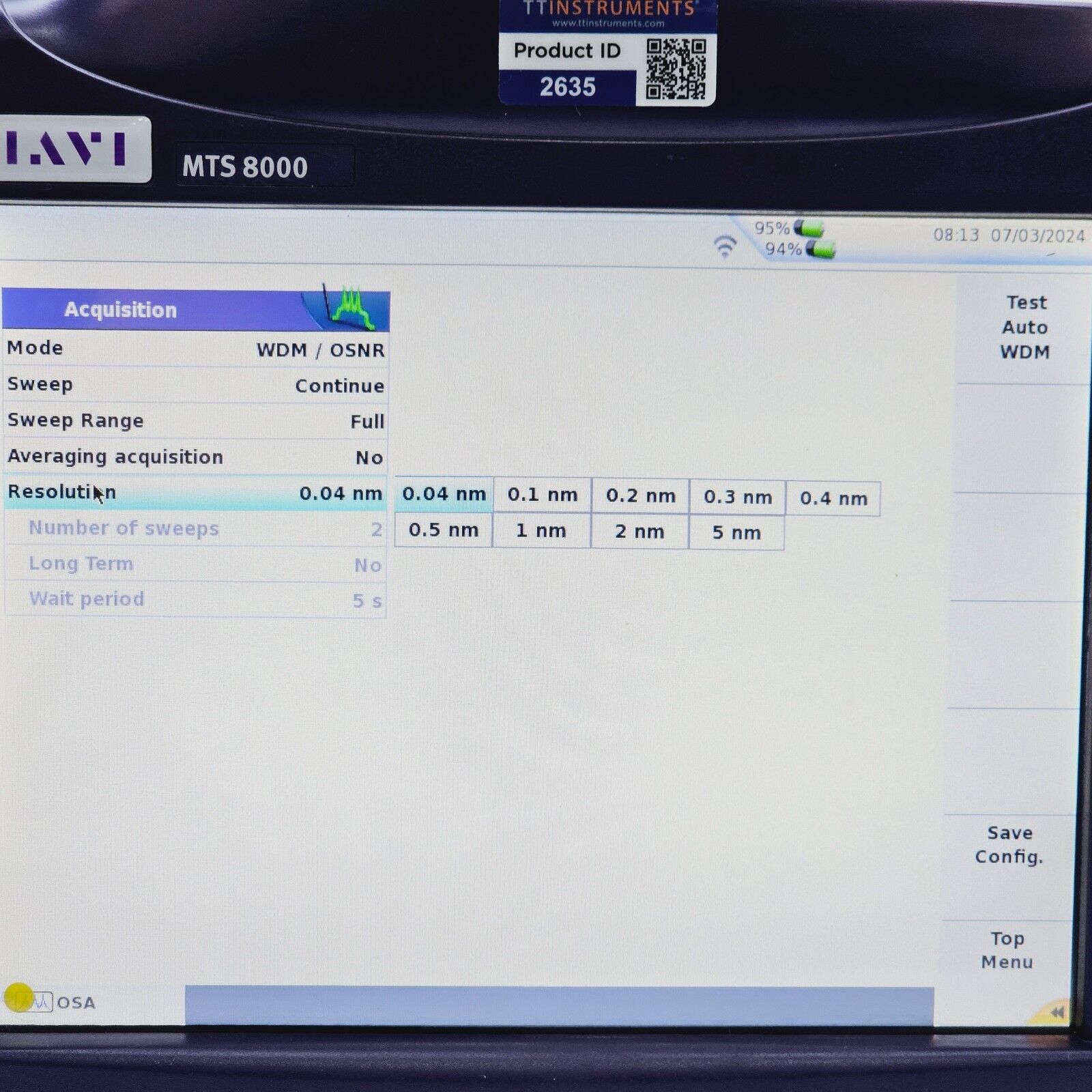 JDSU Viavi MTS 8000E V2 w/ OSA-501M 2281/91.23 High Performance DWDM 1250-1650