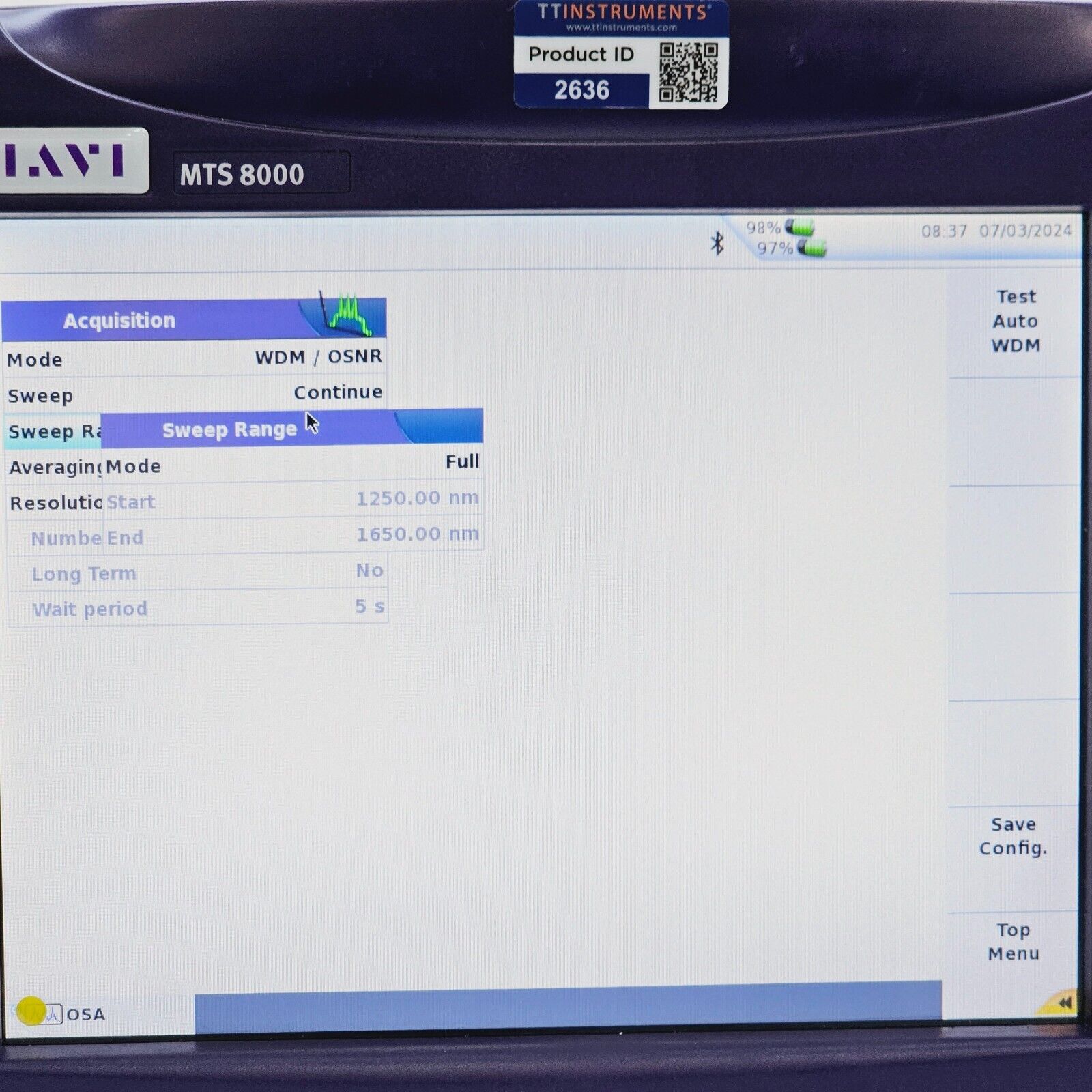 JDSU Viavi MTS 8000E V2 w/ OSA-501M 2281/91.23 High Performance DWDM Full-Band