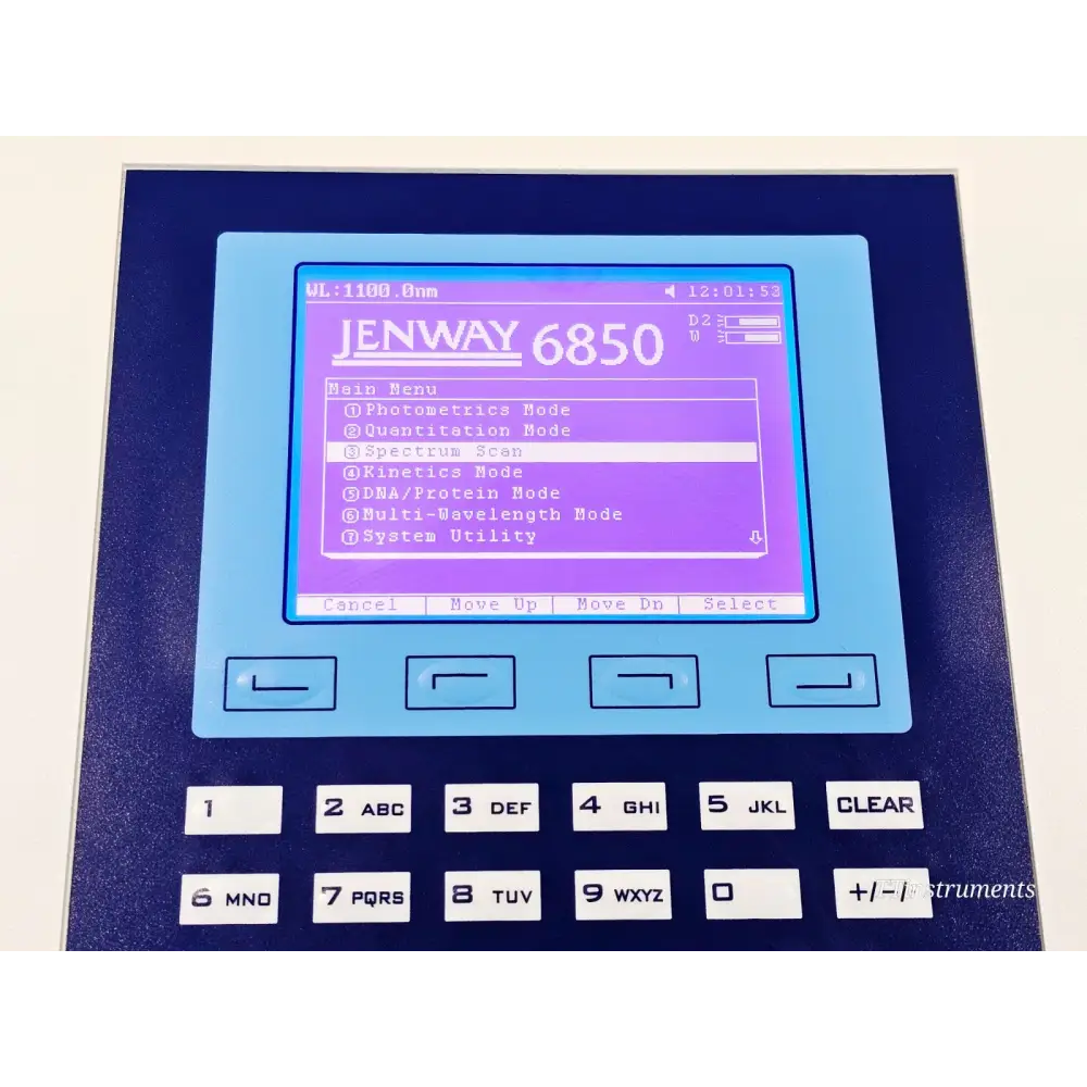 Jenway 6850 colour LCD main menu screen showing all 7 measurement modes including Spectrum Scan, Kinetics, and DNA/Protein Mode