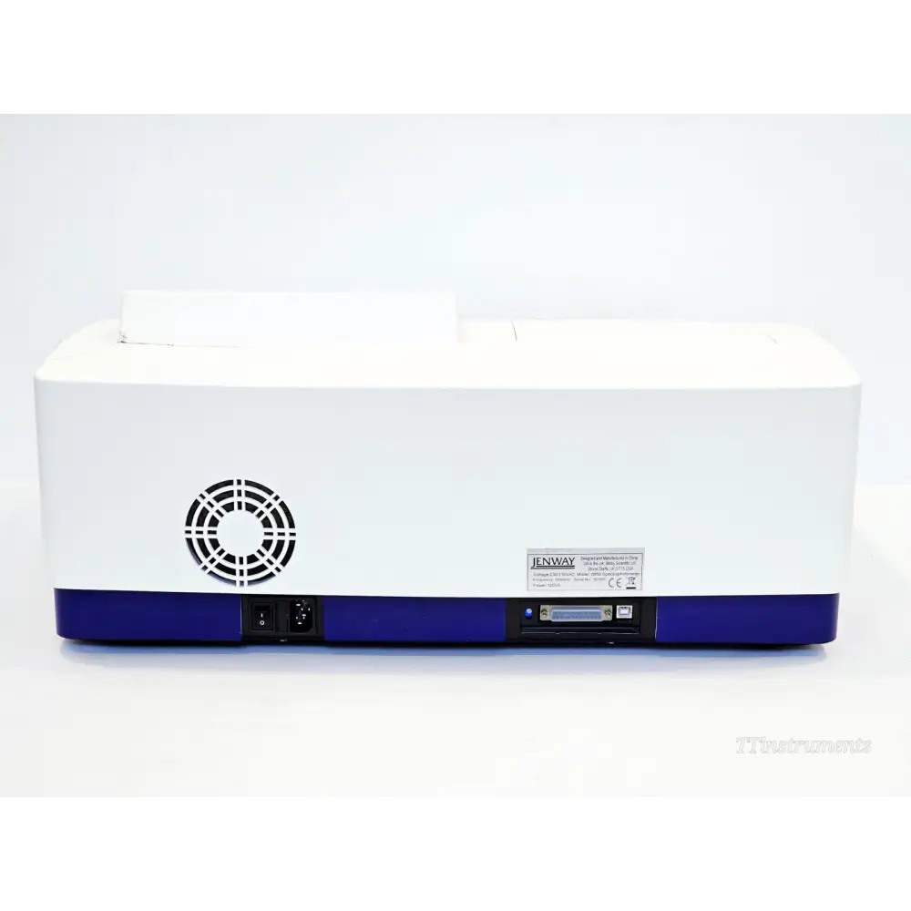 Jenway 6850 rear panel showing cooling fan, mains power switch, IEC inlet, parallel printer port, USB Type-B port, and Jenway identification label
