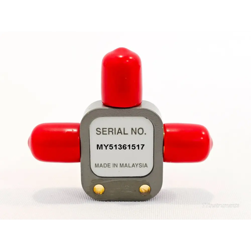 Keysight 11636B Power Divider rear serial number label showing MY51361517, Made in Malaysia, red port caps