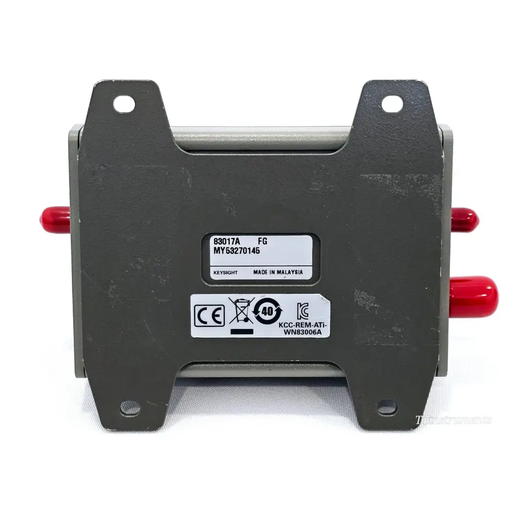 Keysight 83017A amplifier base showing model 83017A FG, serial MY53270145, Keysight Made in Malaysia label