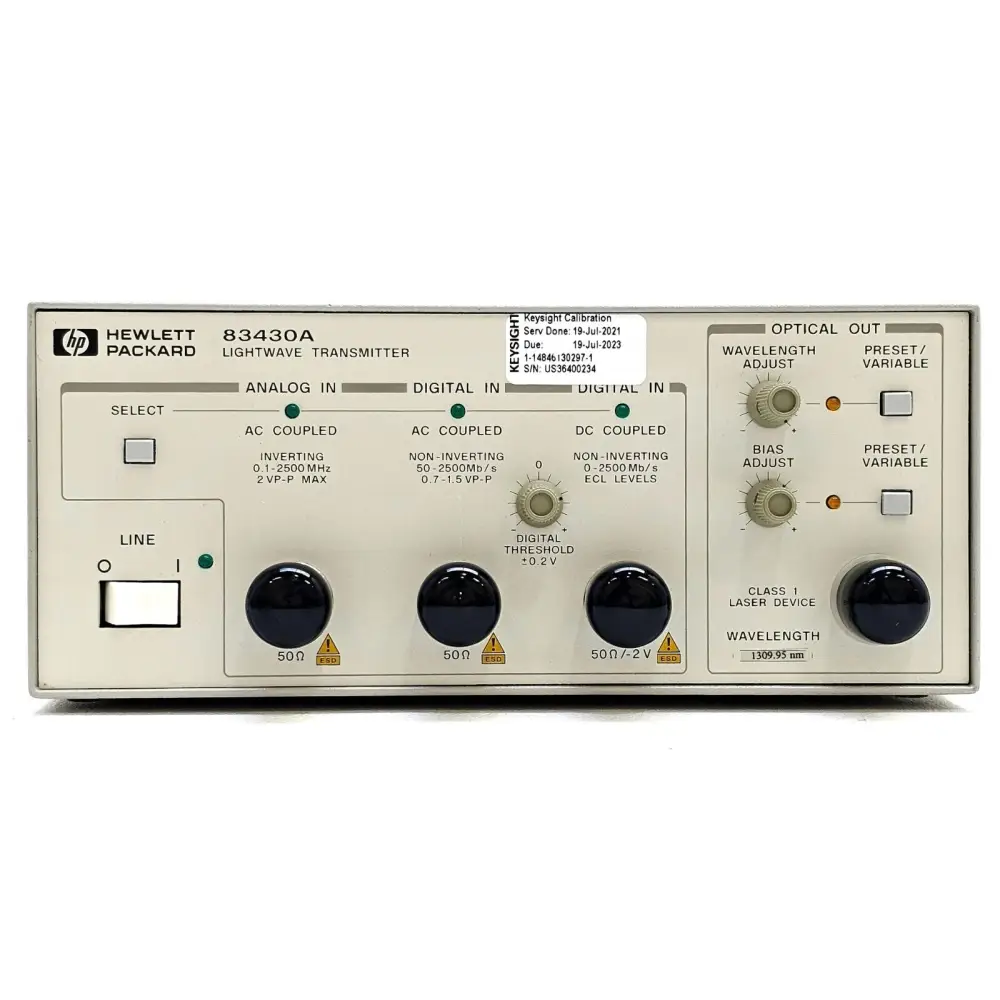 HP 83430A Lightwave Transmitter front panel showing analog/digital inputs, optical output controls and 1309.95 nm wavelength label