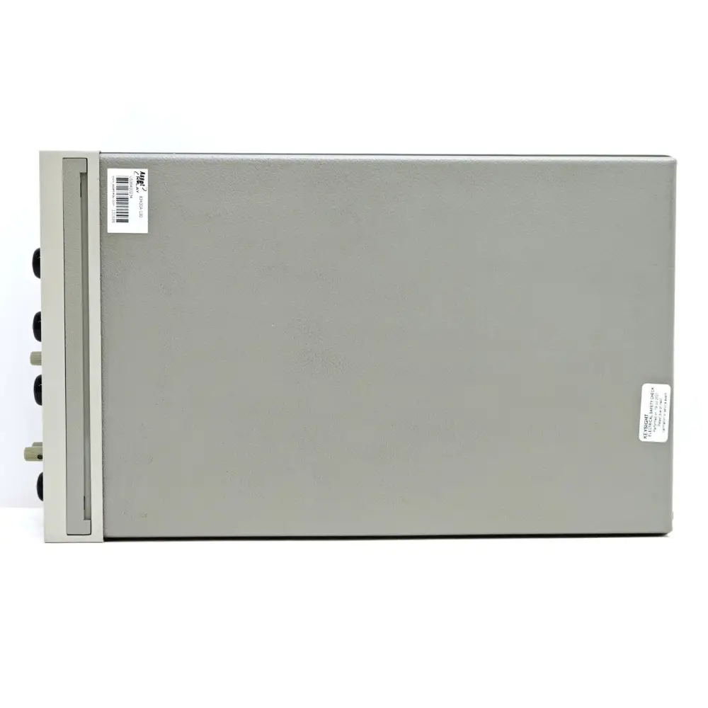 HP Agilent 83430A Lightwave Transmitter left side profile showing front panel knobs and asset/barcode labels