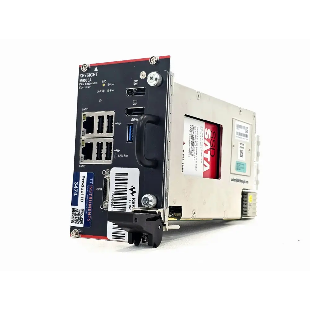 Keysight M9035A PXIe Embedded Controller front panel view showing USB, LAN, GPIB and DisplayPort connectors