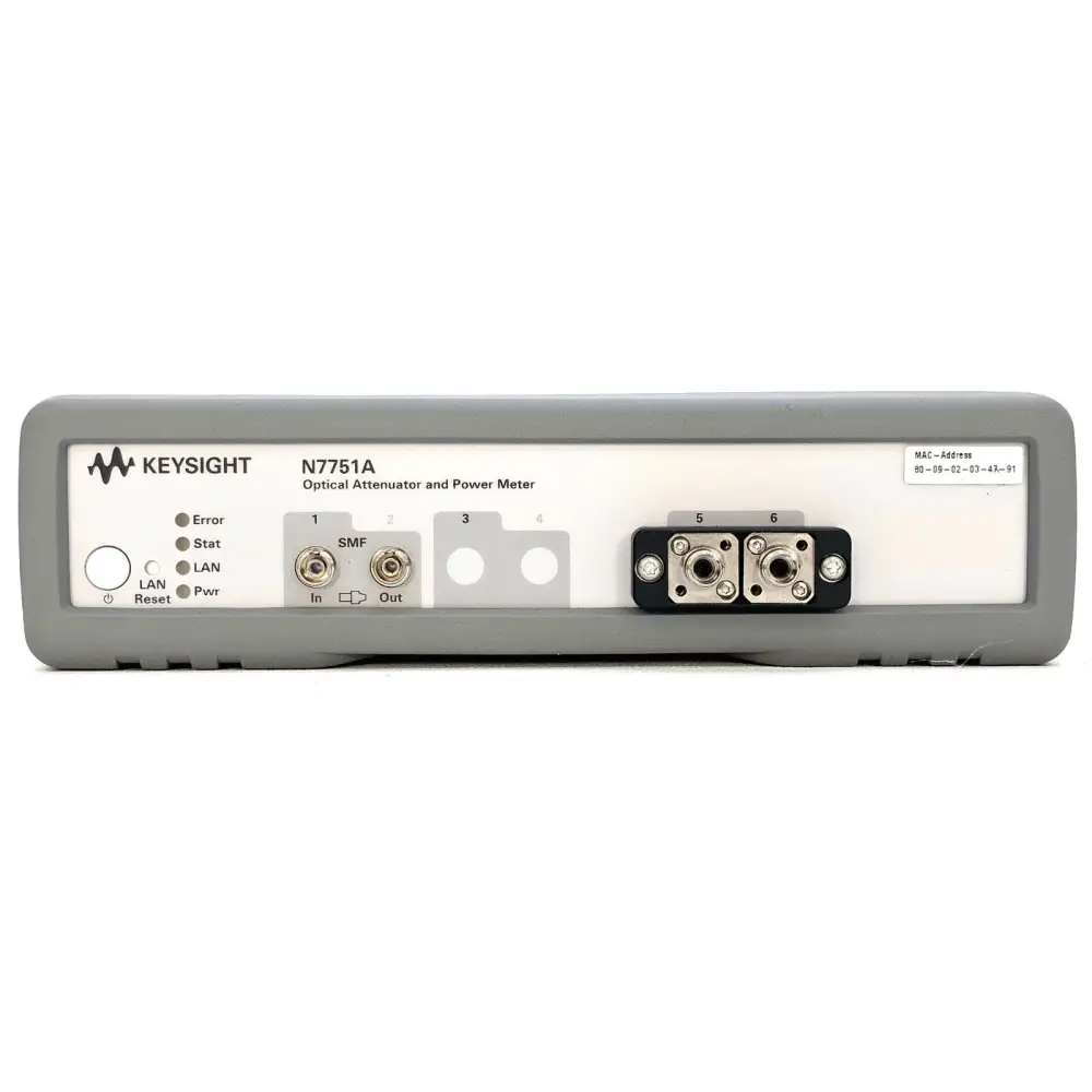 Keysight N7751A front panel close-up showing N7751A model label, SMF attenuator In/Out ports slots 1-2, power meter ports slots 5-6 and MAC address label