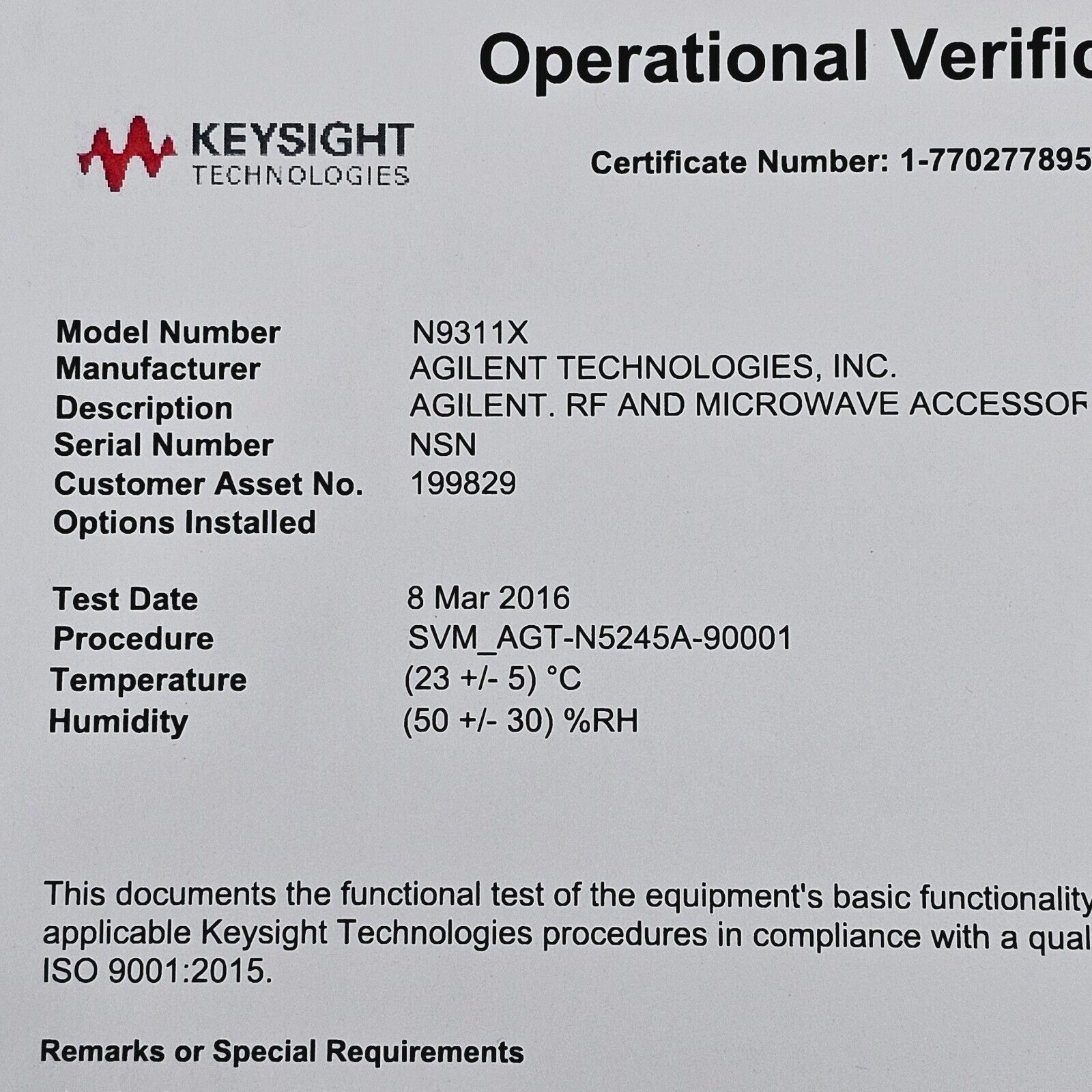 Keysight Agilent N9311X Cable N9311X-582 DC - 8GHz 1.5m Type-SMA(m) to type-SMA(