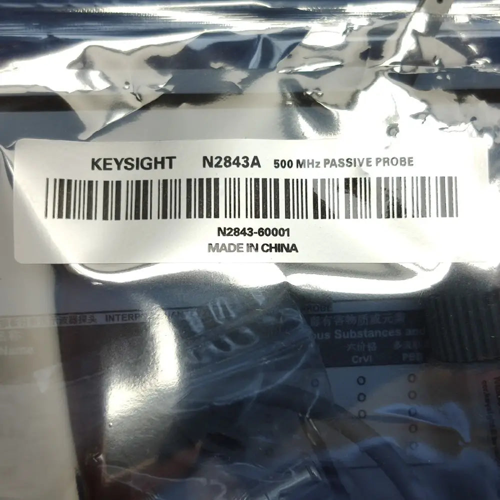 Close-up of Keysight N2843A 500 MHz passive probe label showing model number N2843-60001, made in China