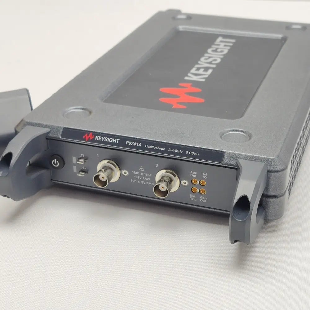 Keysight P9241A oscilloscope front panel showing two BNC inputs, power button, Aux Out, Ref I/O, Ext Trig and Gen Out ports
