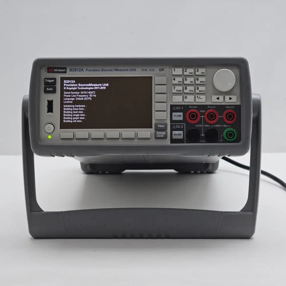 Keysight B2912A 2-channel Precision Source Measure Unit front panel view with 4.3-inch colour display