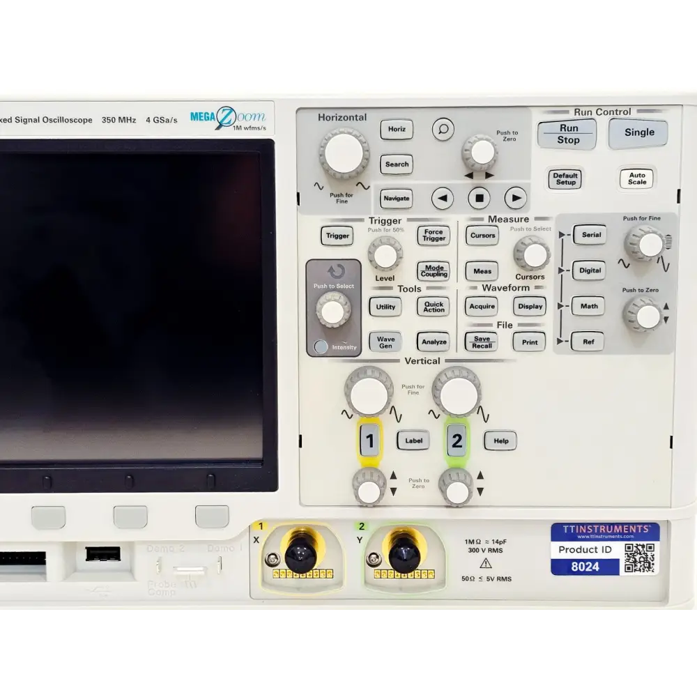 Keysight MSOX3032A close-up of right-hand control panel showing Horizontal, Trigger, Measure, Vertical sections, 2 BNC inputs and TT Instruments product ID 8024