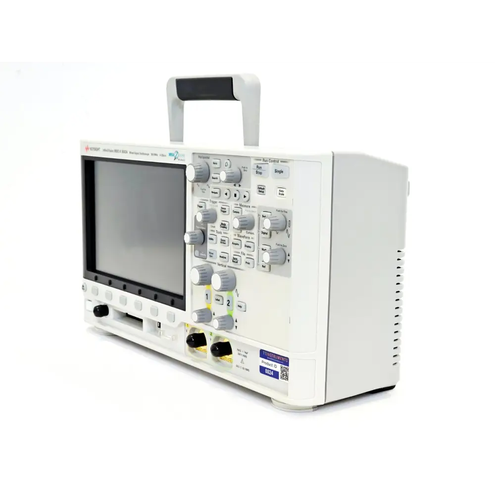 Keysight MSOX3032A right-side angle view showing carry handle, full front panel controls, 2 BNC inputs and TT Instruments label