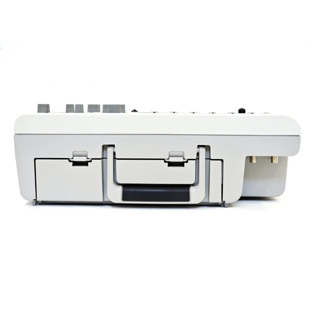Keysight MSOX3032A bottom view showing tilt feet, carry handle and rack mount tabs with probe connector visible on right side