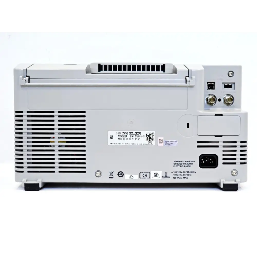 Keysight MSOX3032A rear panel showing serial number label MSDK3032A, LAN port, BNC connectors, IEC power inlet and 100W power rating label