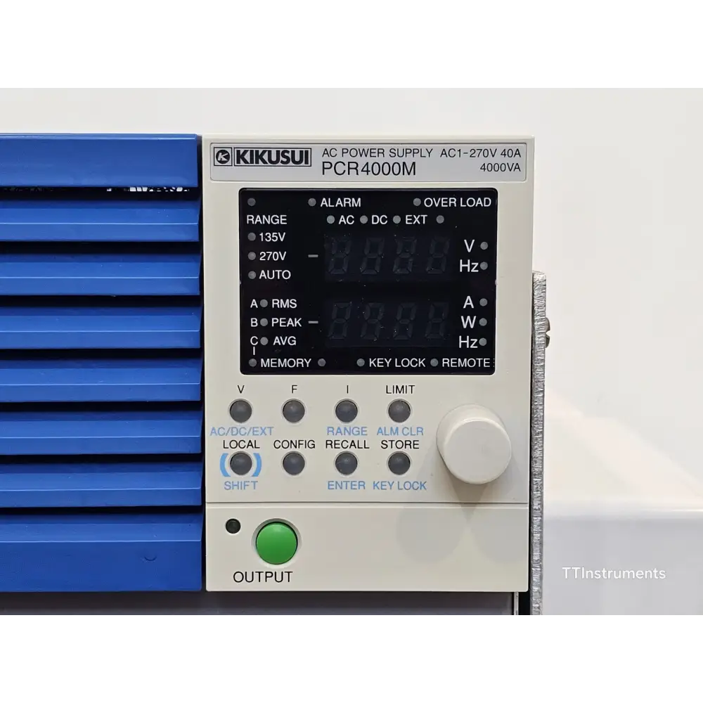 Kikusui PCR4000MA front panel display showing voltage, frequency and current output readings