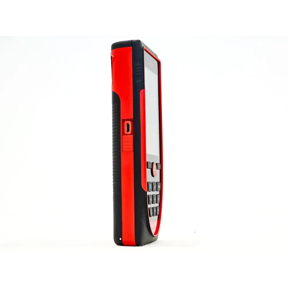 Leica DISTO D810 touch left-side profile view showing micro USB charging port with red protective cover