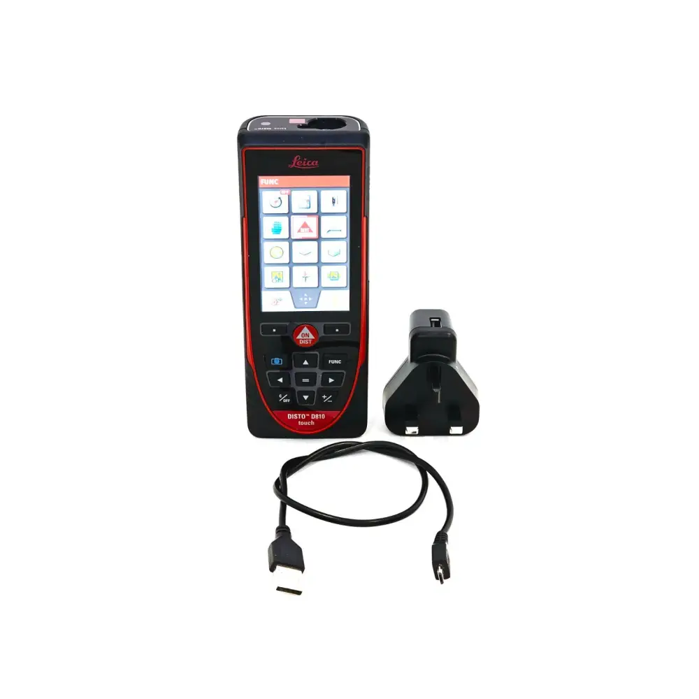 Leica DISTO D810 touch laser distance meter front view with colour touchscreen showing function menu, UK charger and USB cable