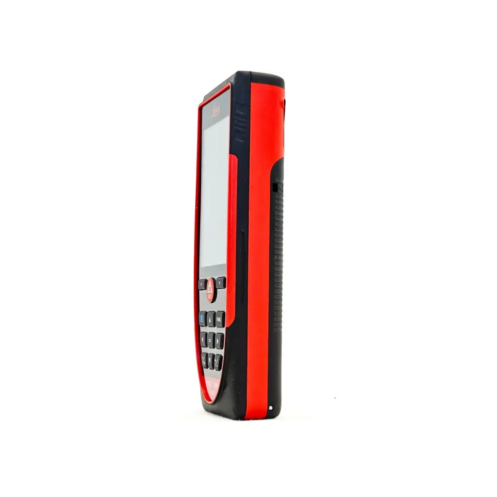 Leica DISTO D810 touch right-side profile view showing slim form factor and rubber grip in red and black