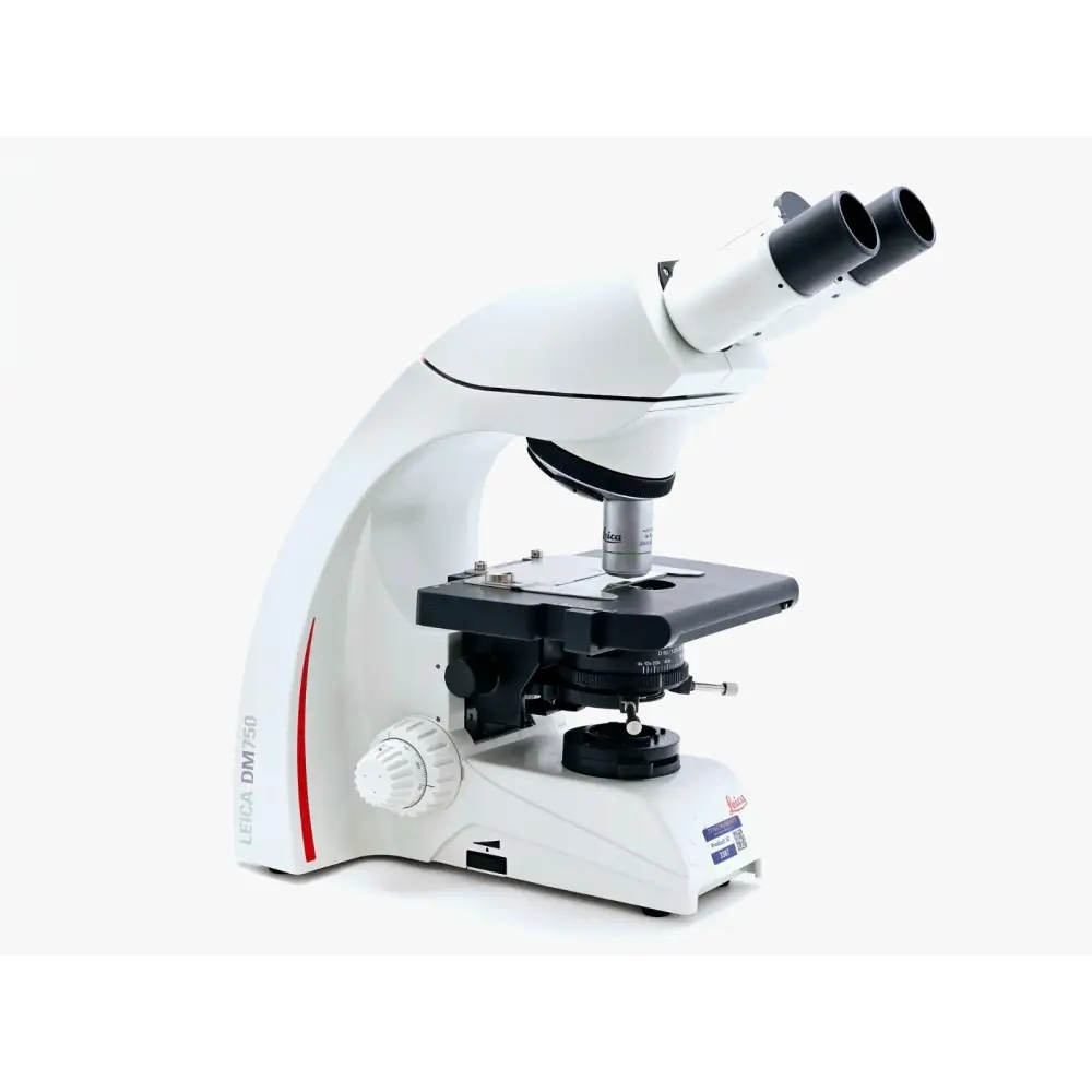 Leica DM750 microscope left-side view showing condenser mount and illumination controls