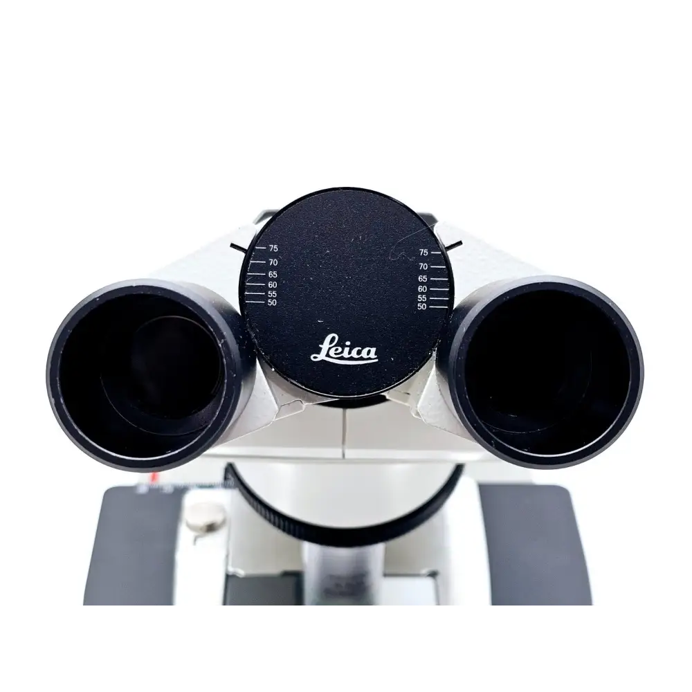 Leica DM750 microscope rear view showing USB power port and cord wrap