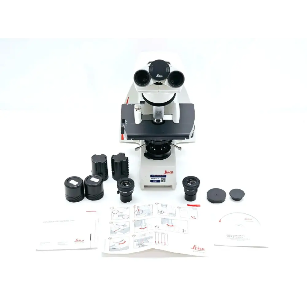 Leica DM750 binocular compound microscope front view showing stand, nosepiece and stage