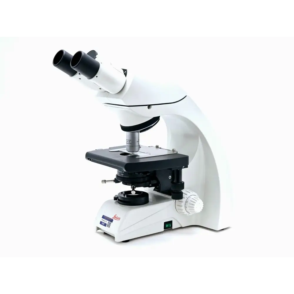Leica DM750 microscope right-side profile view displaying coarse and fine focus knobs