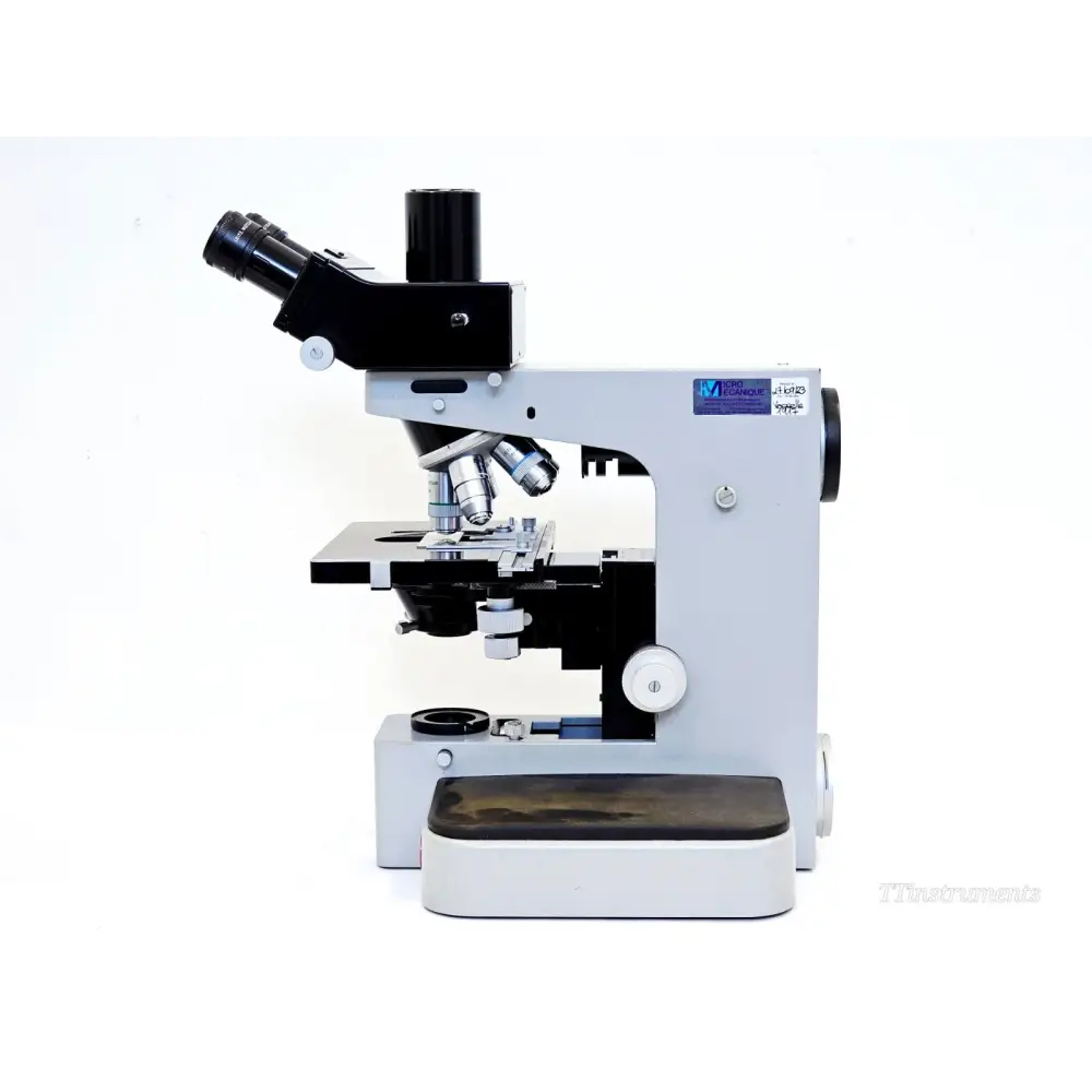 Leitz Orthoplan microscope front-left view with binocular head, objectives on nosepiece, sub-stage condenser and Micro Mecanique label