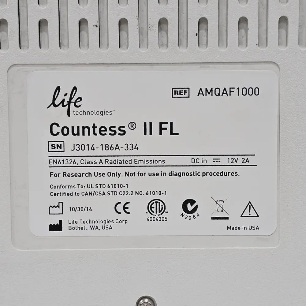 Countess II FL automated cell counter serial number and manufacturer label detail, MFD 2014