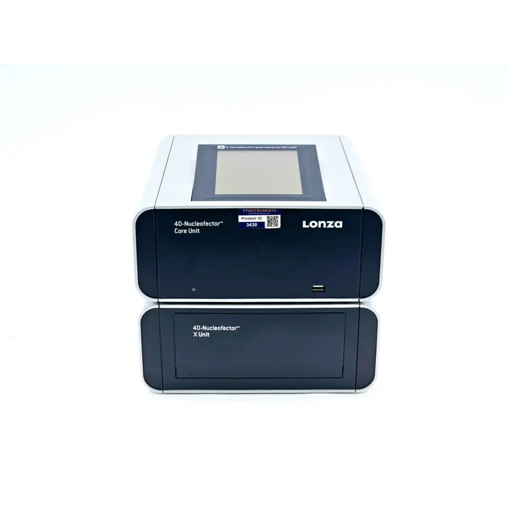 Lonza 4D-Nucleofector Core Unit and X Unit stacked together, front view showing touchscreen display