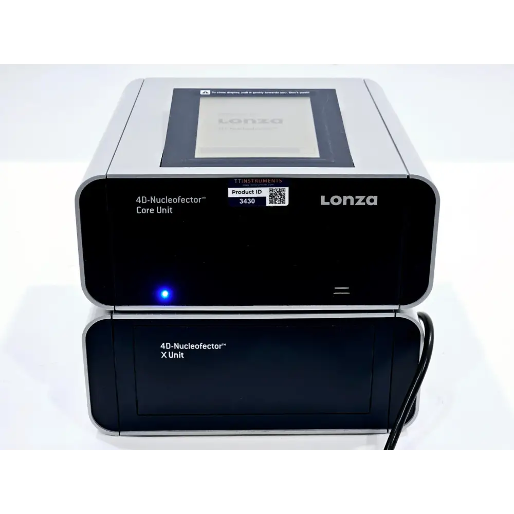 Close-up of Lonza 4D-Nucleofector X Unit front panel with cuvette loading drawer detail