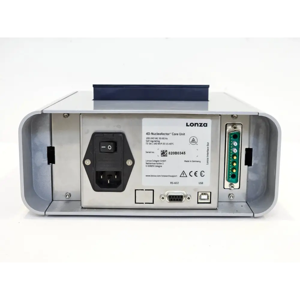 Lonza 4D-Nucleofector Core Unit rear panel showing power inlet, RS-422, USB, and Lonza Interface Out ports, serial no. 820B0345