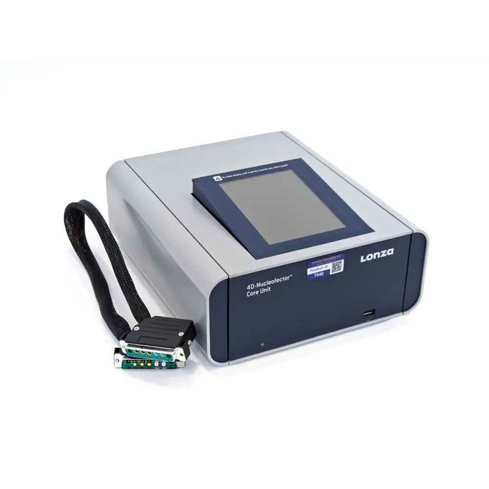 Lonza 4D-Nucleofector Core Unit front-left angle with folded touchscreen and Lonza interface cable attached