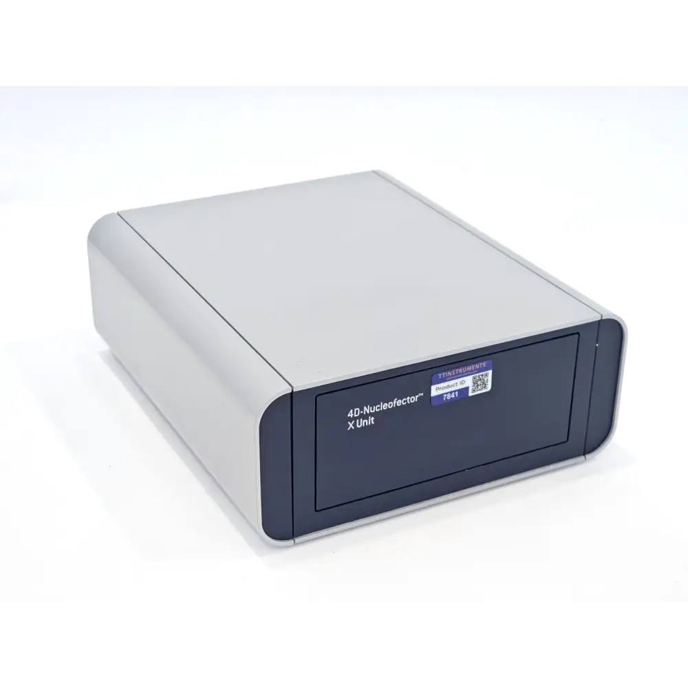Lonza 4D-Nucleofector X Unit front three-quarter view showing dark front panel with model label and TT Instruments product ID sticker