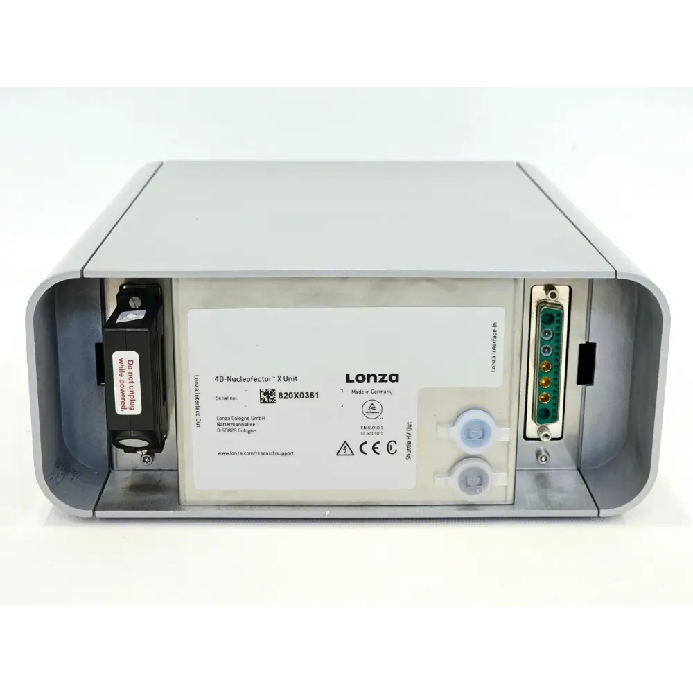 Lonza 4D-Nucleofector X Unit rear panel showing serial number 820X0361, Lonza Interface ports, Shuttle HV Out connectors and DB-15 interface