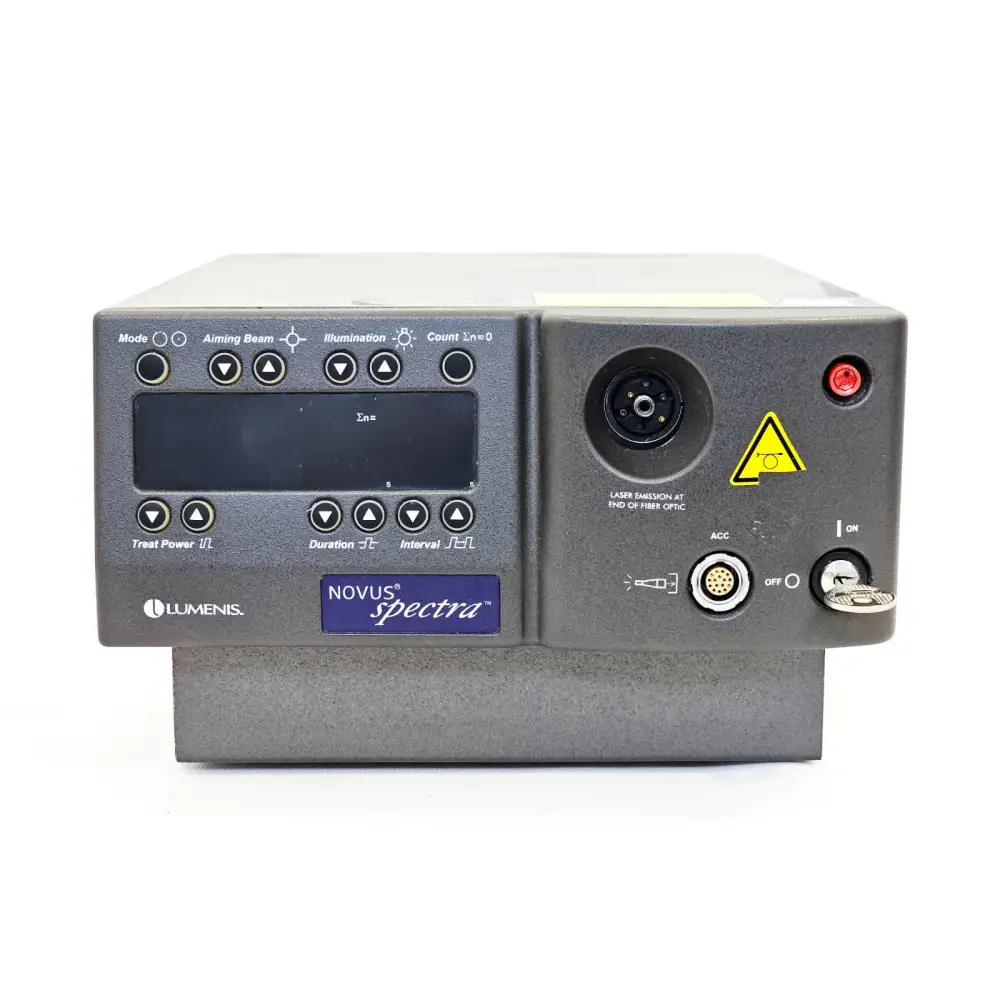 Lumenis Novus Spectra 0642-510-01 front panel and right side view showing fibre port, ACC connector and key switch
