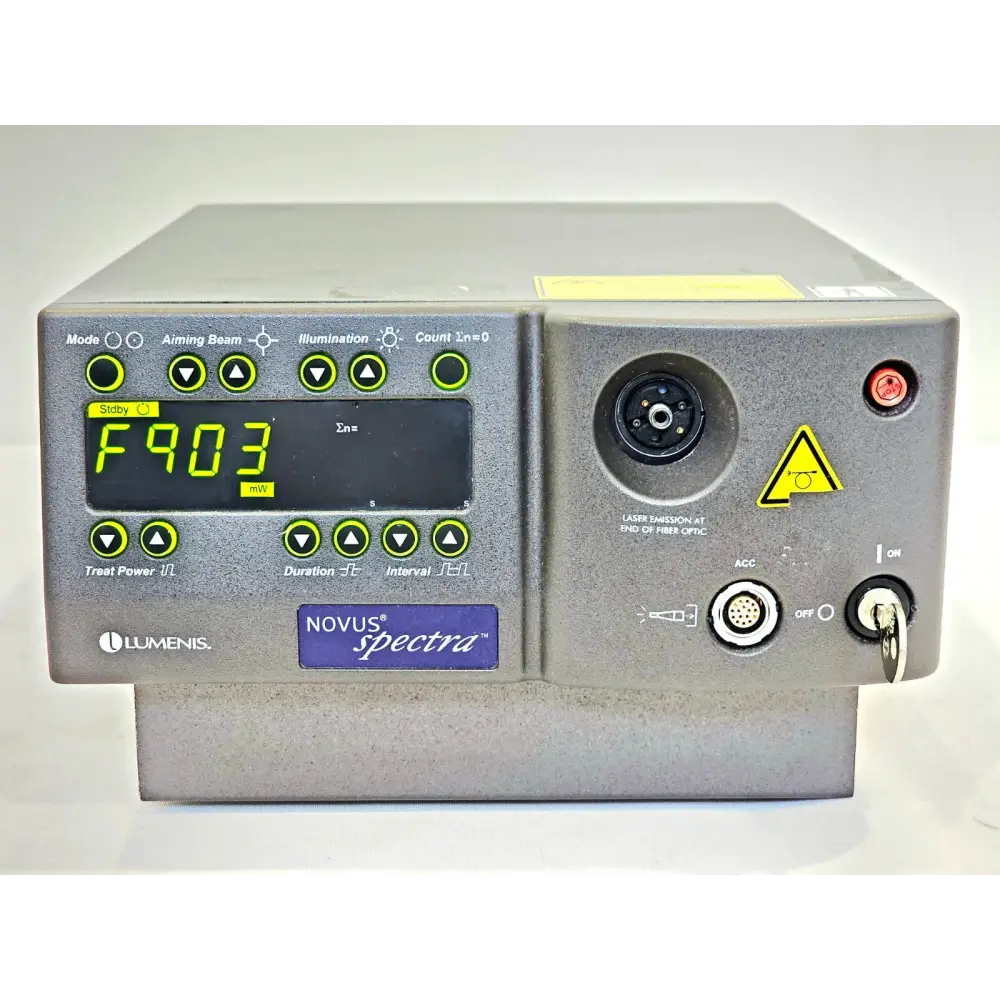 Lumenis Novus Spectra front panel close-up showing F903 mW display, mode controls, fibre ports and key switch