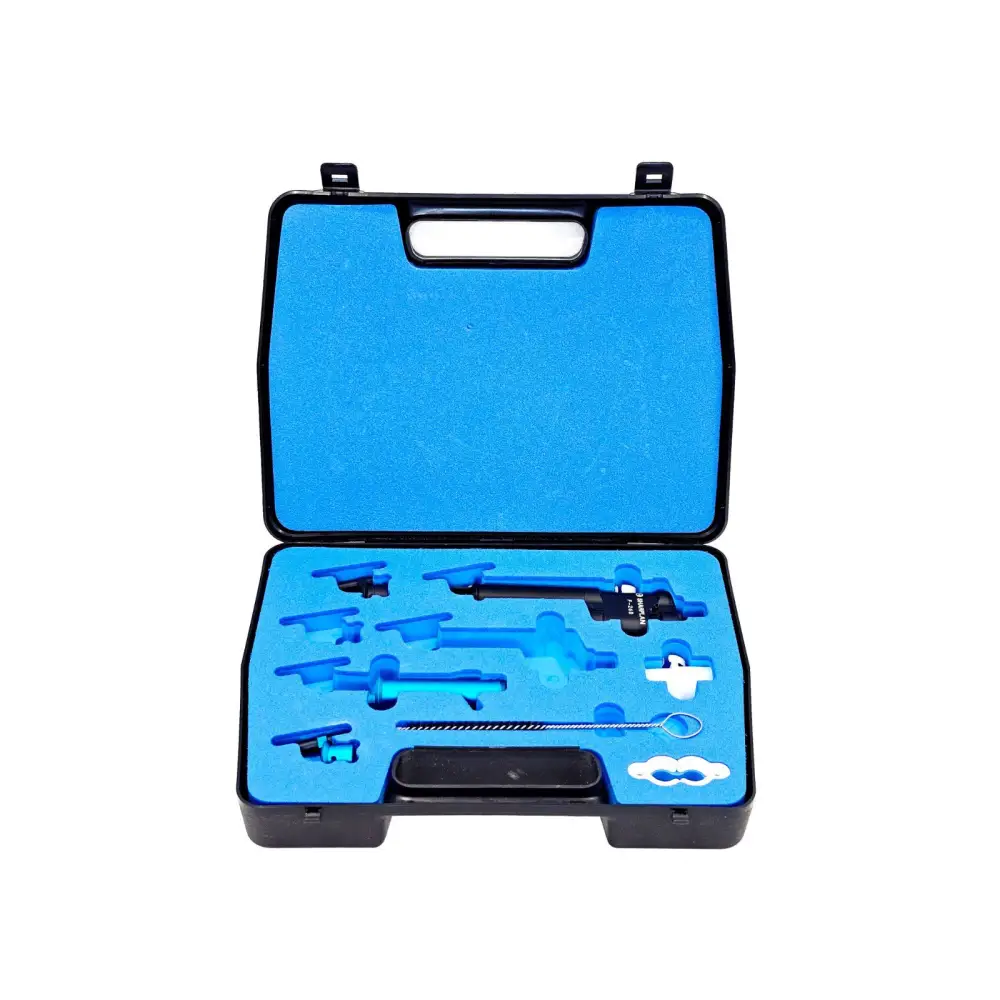 Lumenis Sharplan 15100 Handpiece Set for Silk Laser in open black carry case with blue foam, top-down view