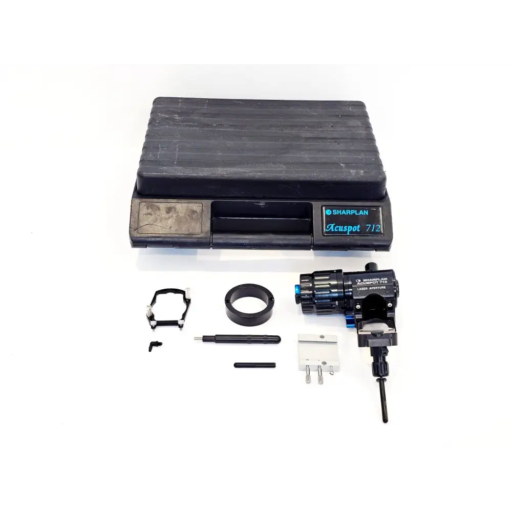 Sharplan AcuSpot 712 CO2 laser aperture micromanipulator with accessories laid out beside labelled carry case