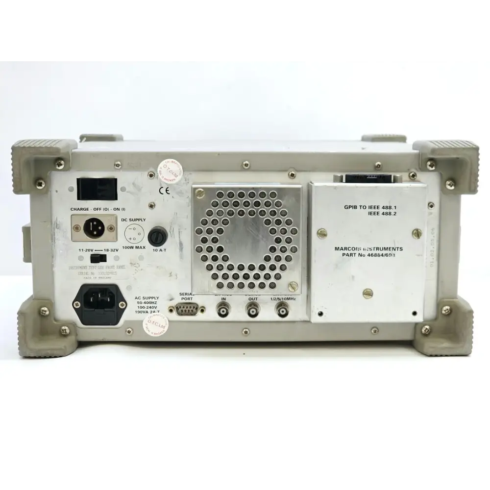 Marconi 2945A right side view showing carry handle and RF port connectors