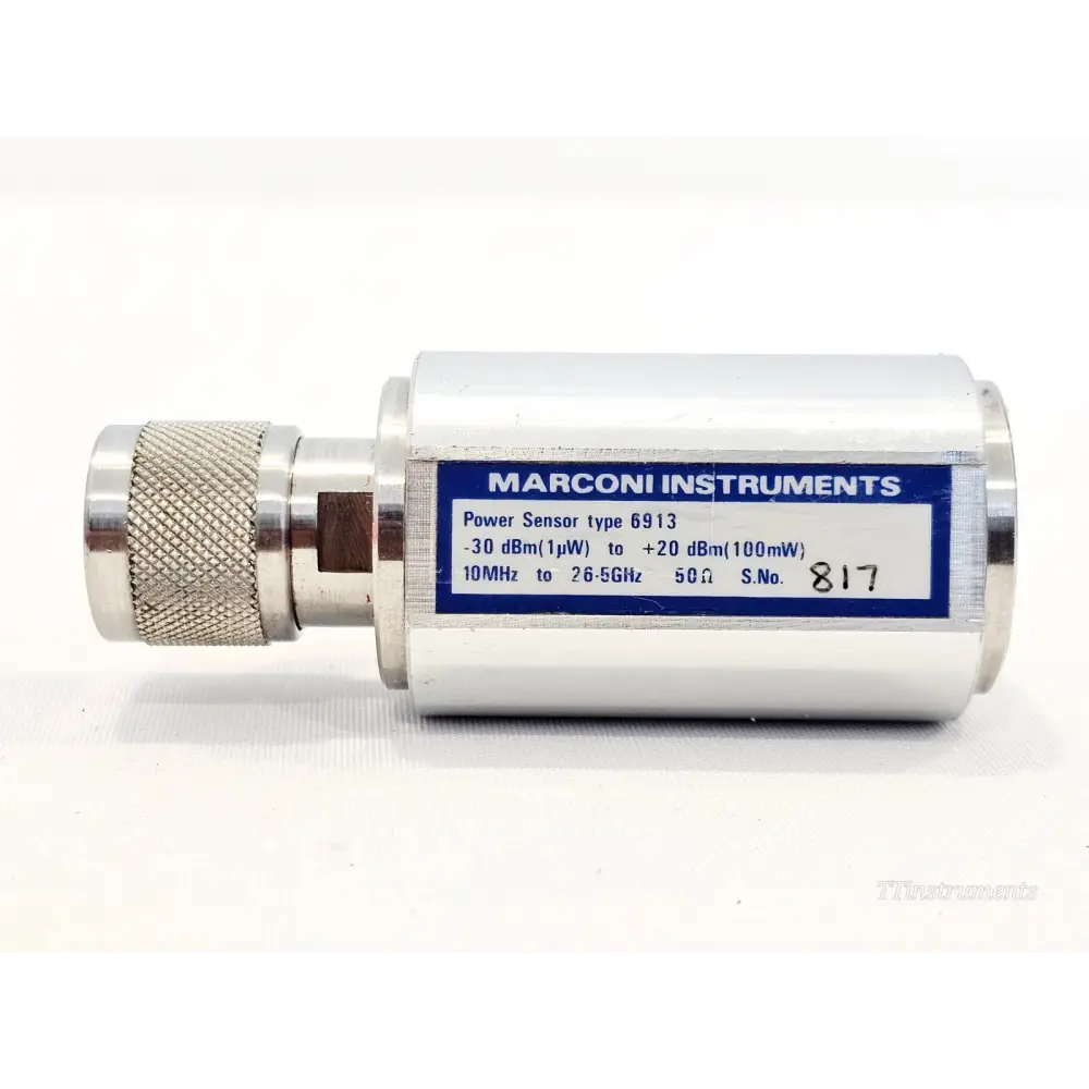 Marconi 6913 RF power sensor side profile showing cylindrical body, 80 mm length