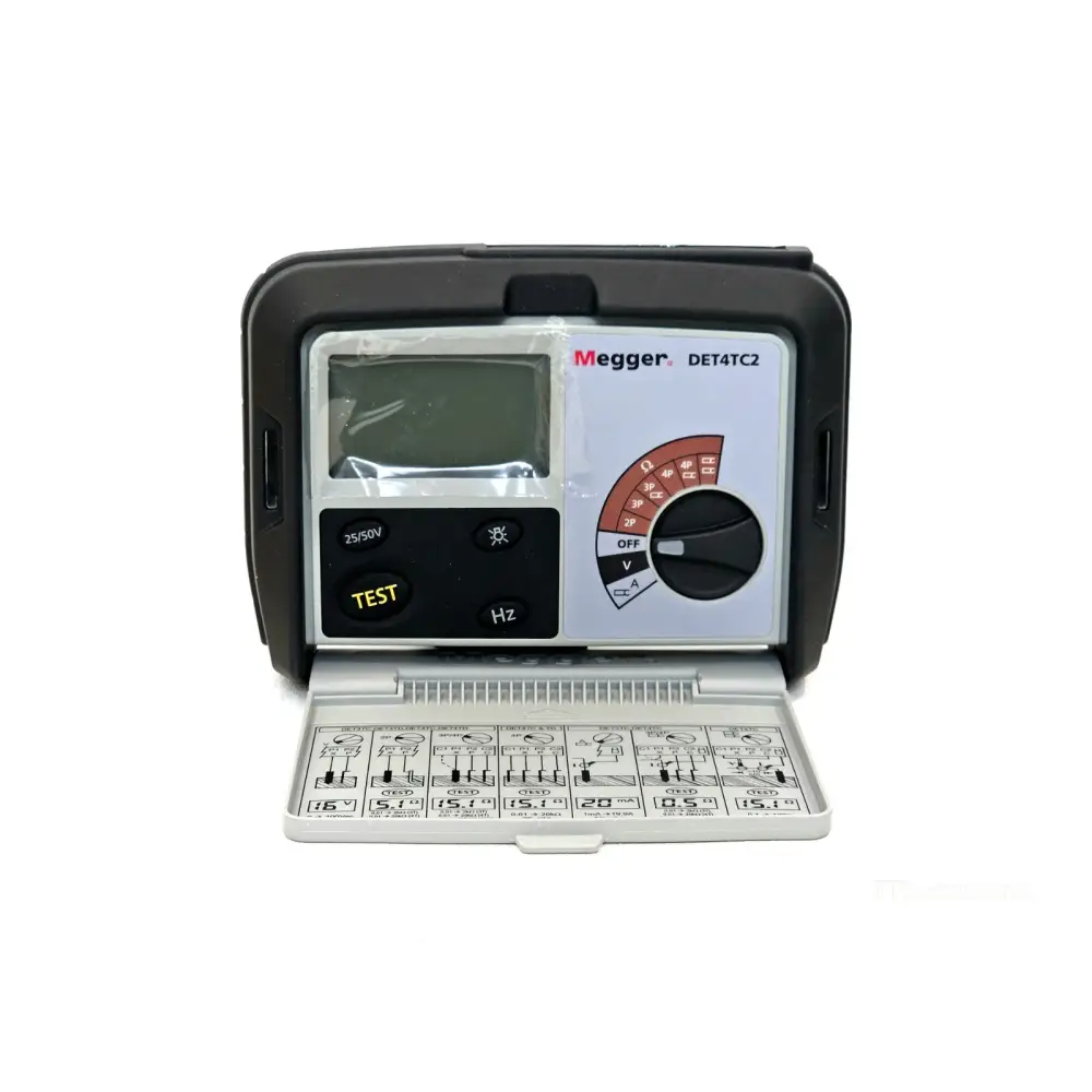 Megger DET4TC2 earth tester front panel detail showing test frequency and voltage selection buttons
