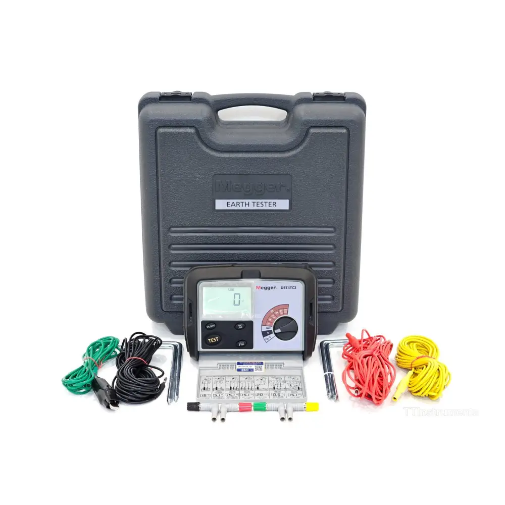 Megger DET4TC2 four-terminal earth resistance tester, front view showing LCD display and rotary selector switch