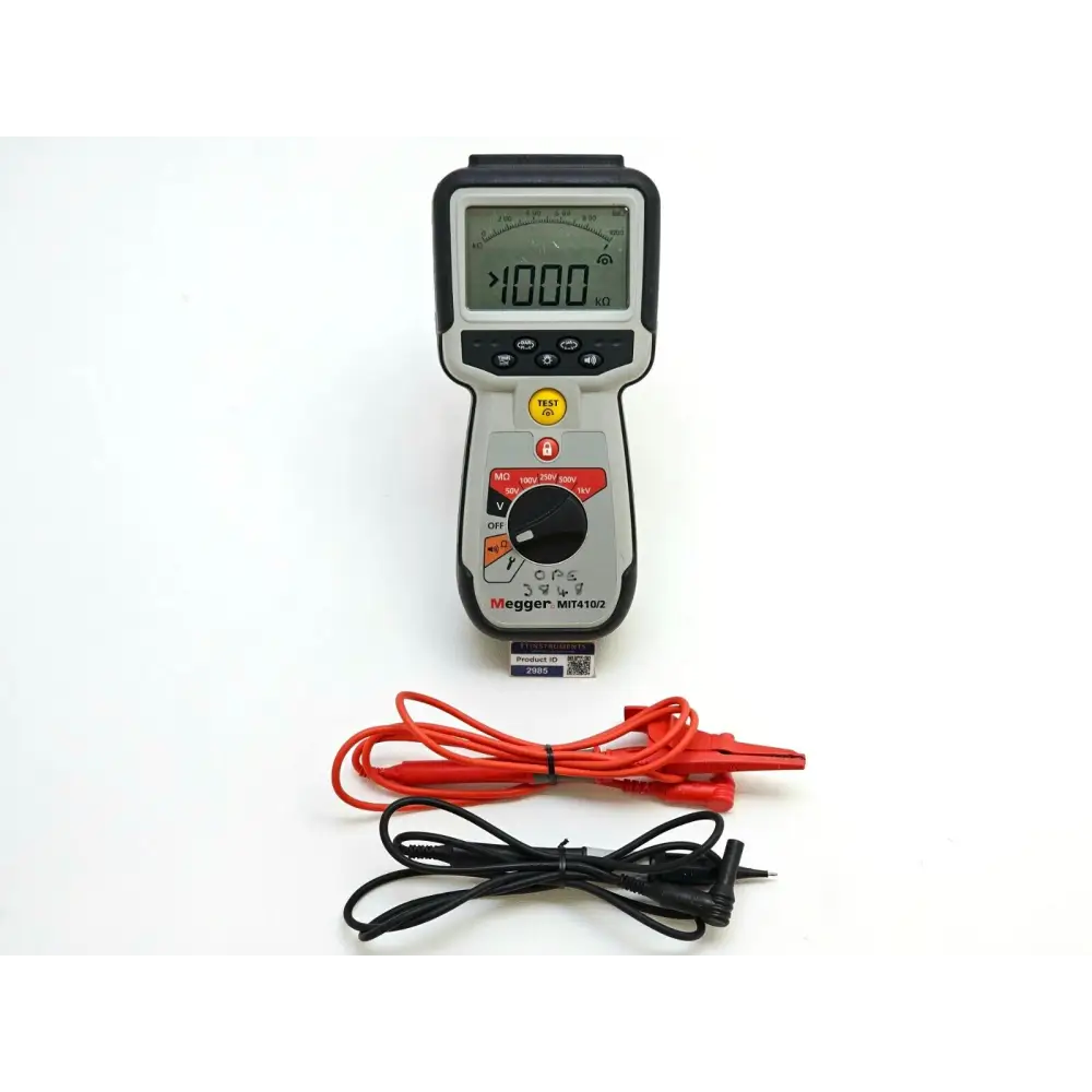 Megger MIT410/2 CAT IV insulation and continuity tester front view showing dual display and rotary selector