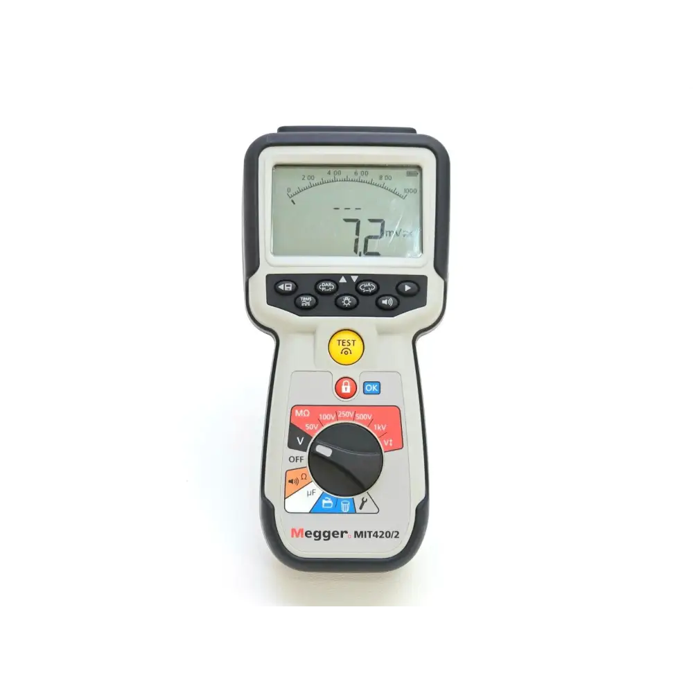 Megger MIT420/2 CAT IV insulation tester angled view displaying analogue arc and keypad