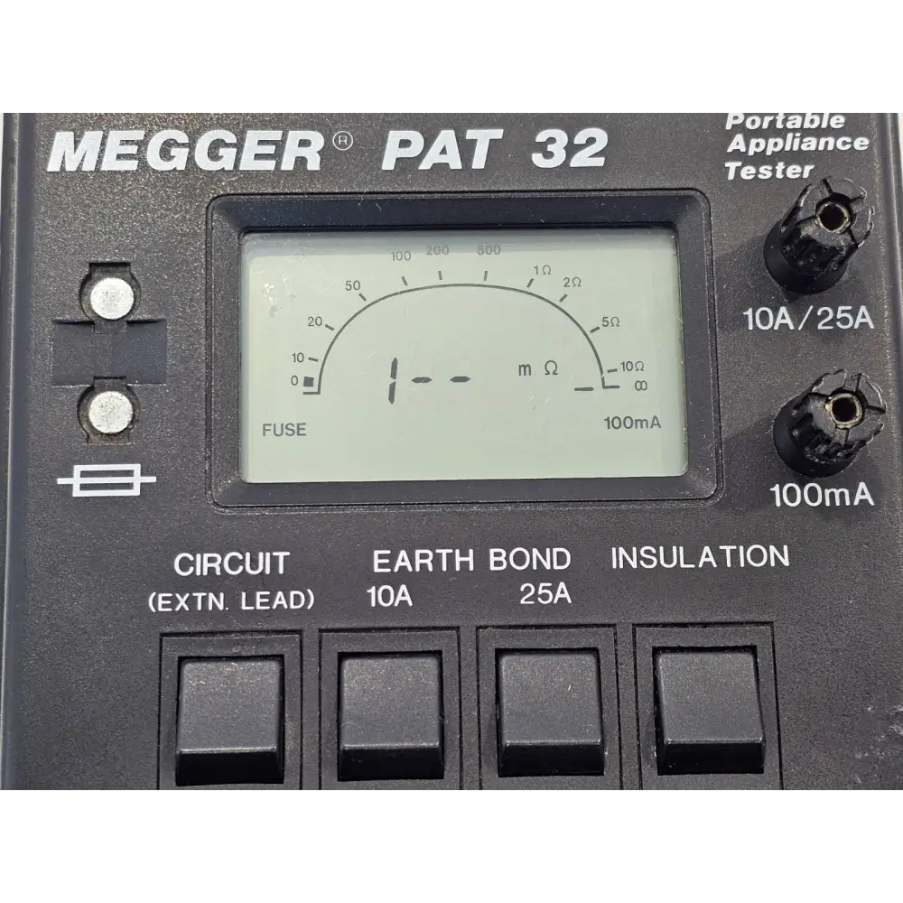 Megger PAT32 portable appliance tester three-quarter angle view showing full instrument body