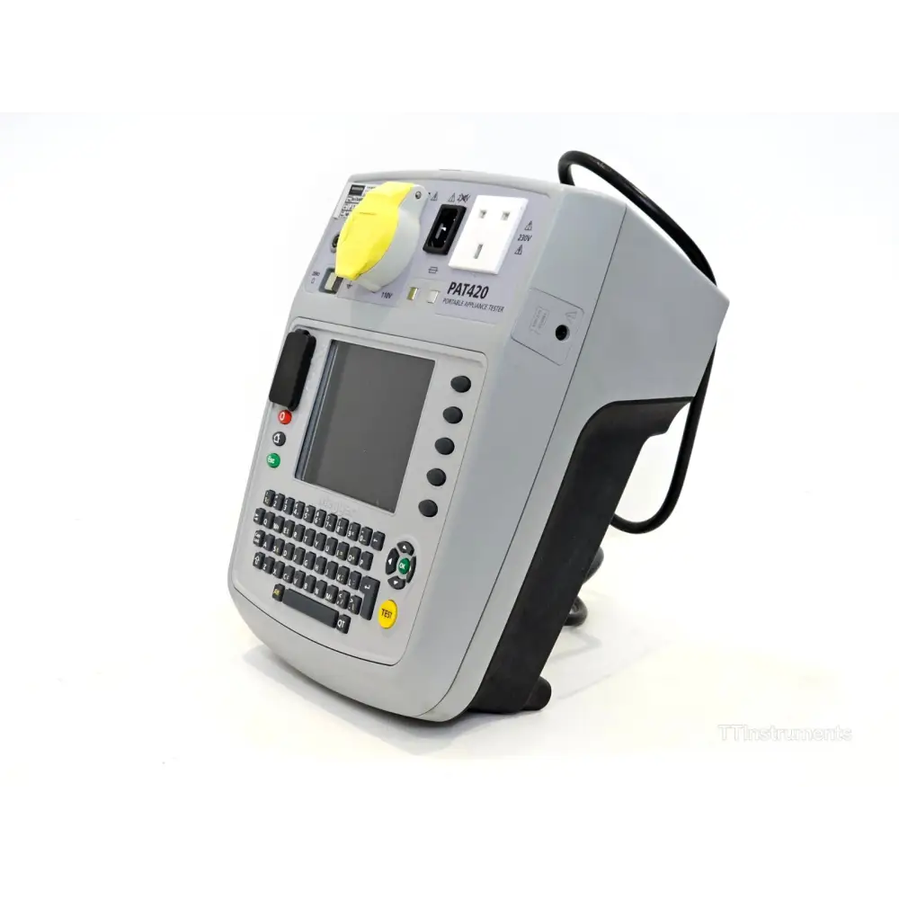 Megger PAT420 right side panel showing dual 230V and 110V mains test sockets