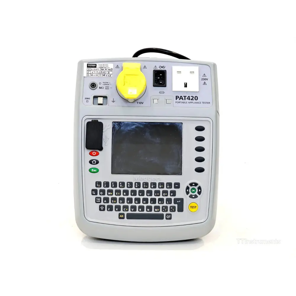 Megger PAT420 PAT tester angled front-right view showing instrument housing and test sockets