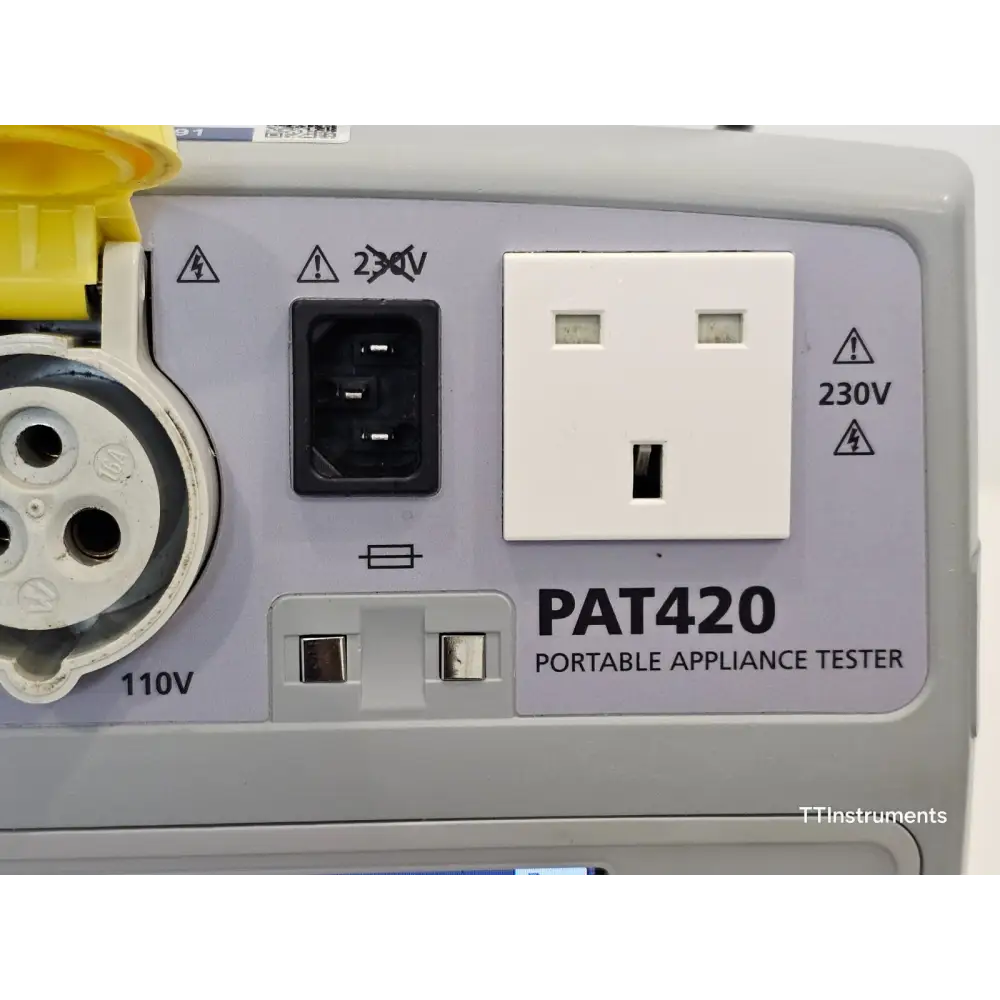 Megger PAT420 showing 110V built-in socket and dual voltage test capability